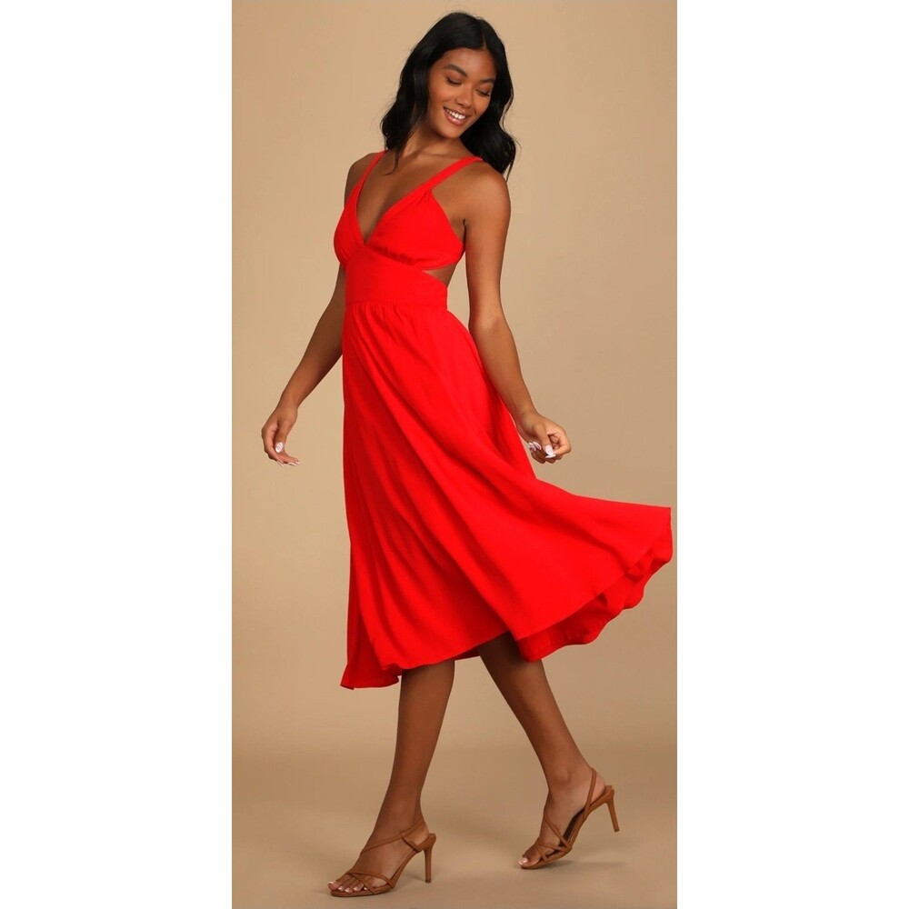 NEW Lulus Bold New Look Red Tie Back Midi Skater Dress MED Pockets Lined Empire - Picture 4 of 13